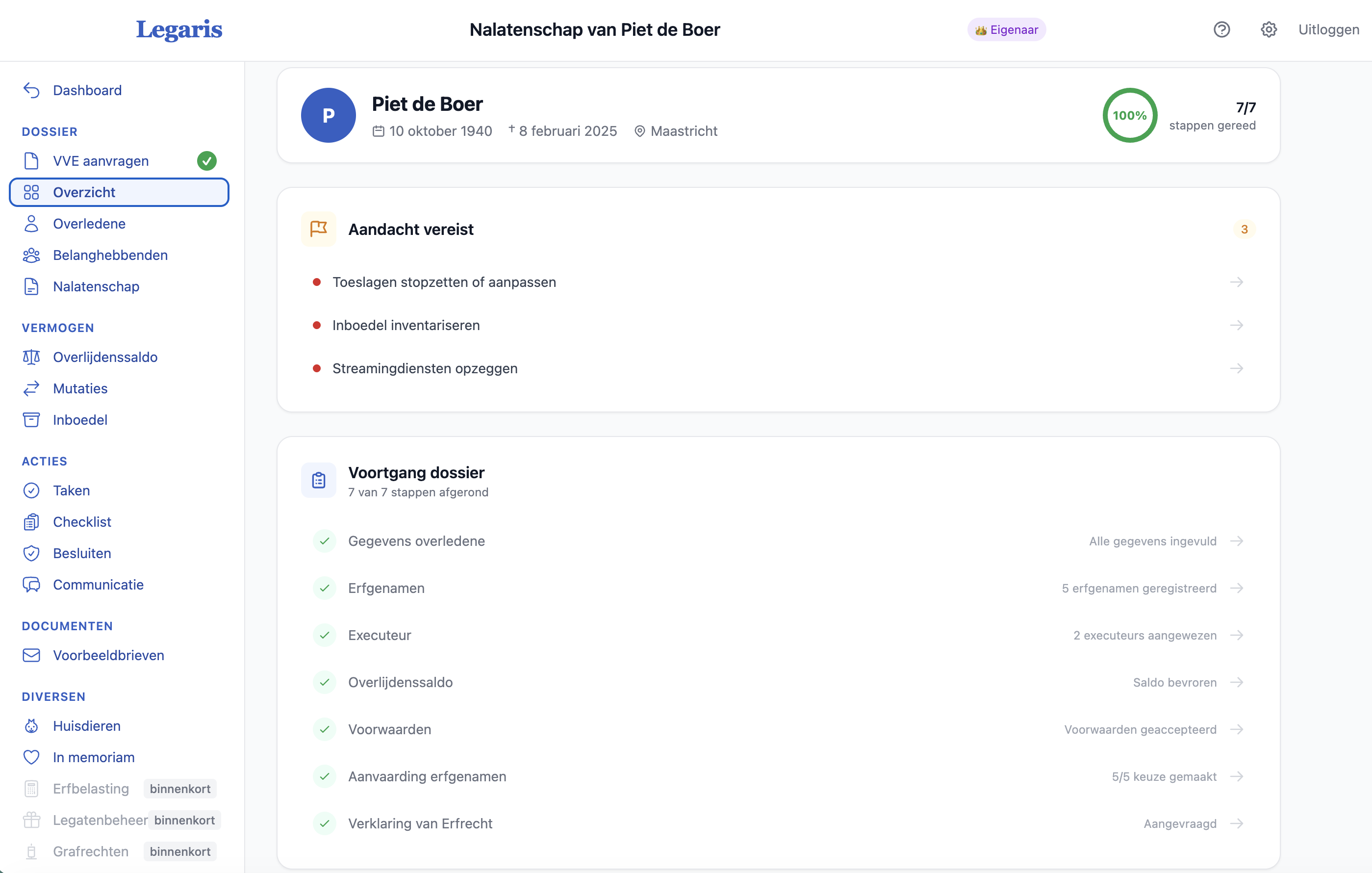 Legaris dashboard - digitaal dossier voor uw nalatenschap